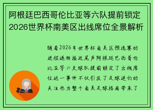 阿根廷巴西哥伦比亚等六队提前锁定2026世界杯南美区出线席位全景解析
